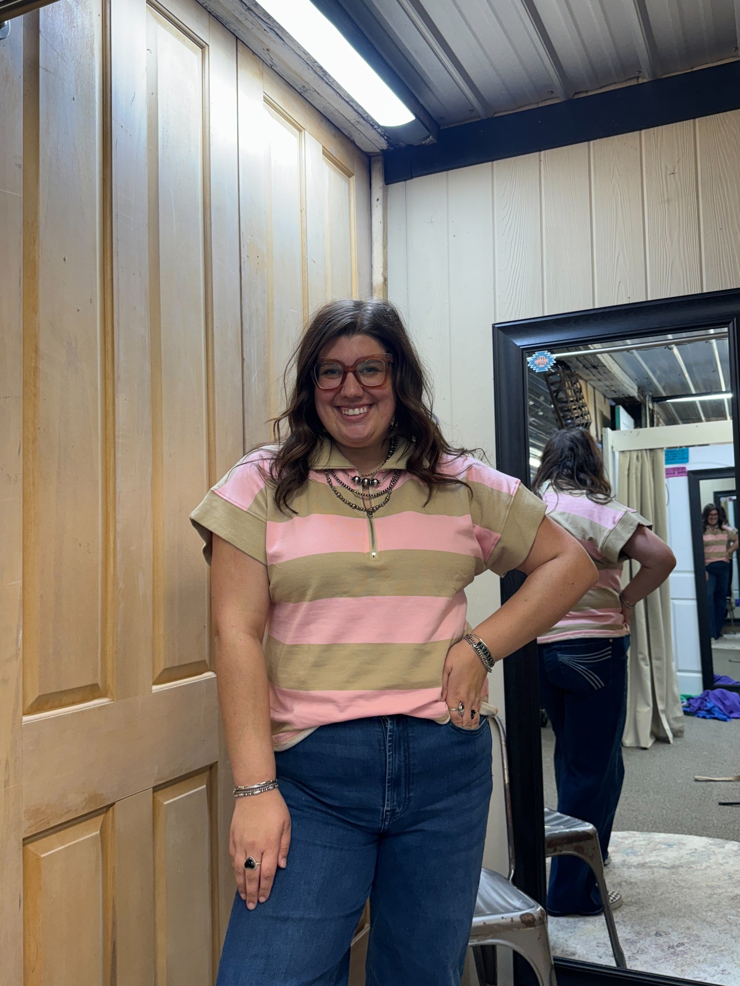Pink and Tan Striped Top