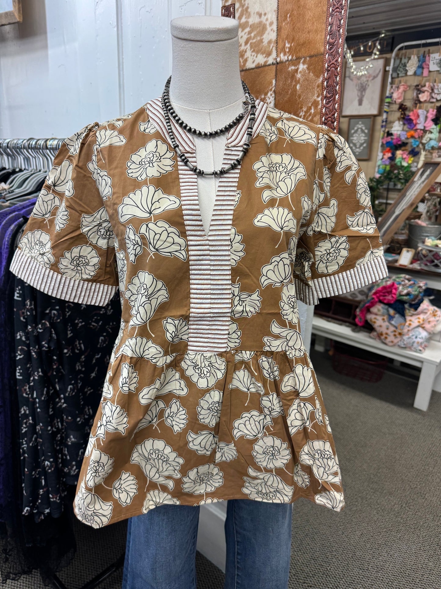 Camel Floral Print Top
