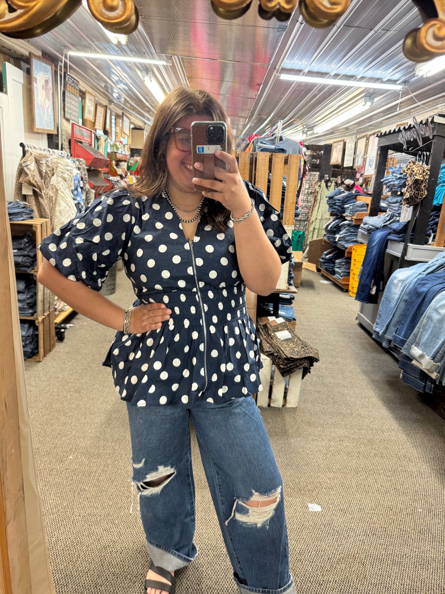 Navy Polka Dot Smocked Top