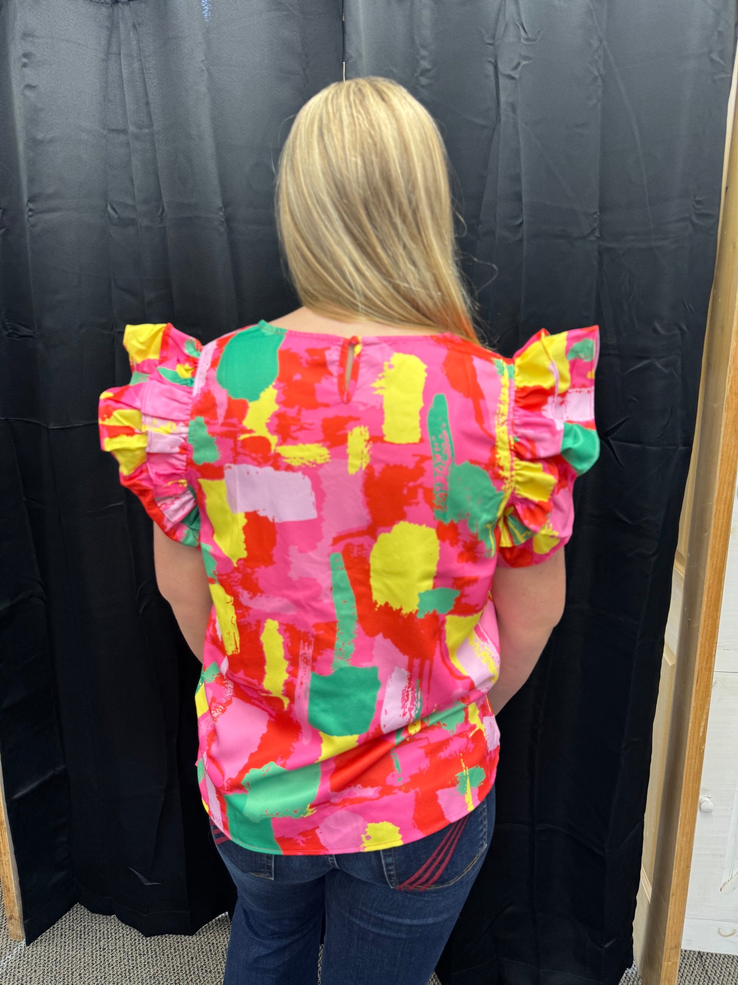 Abstract Print V-Neck Flutter Sleeve Top