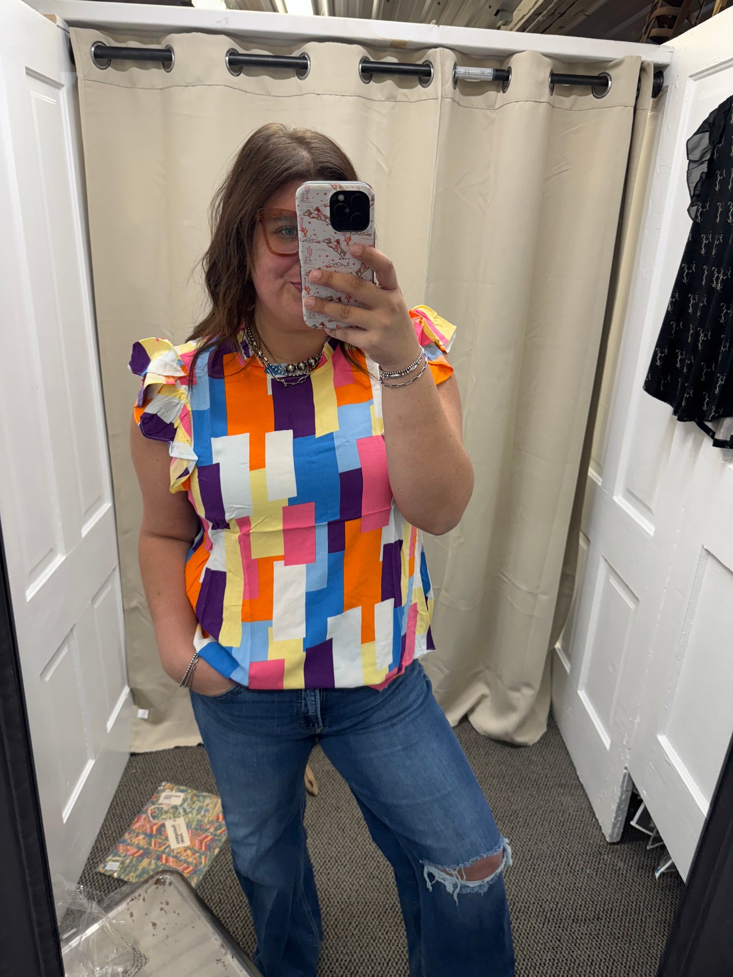 Multicolor Print Ruffle Top