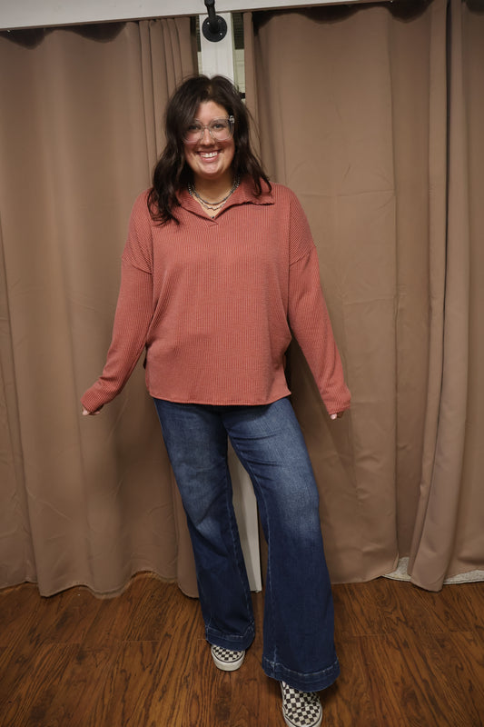 Rust collared ribbed top