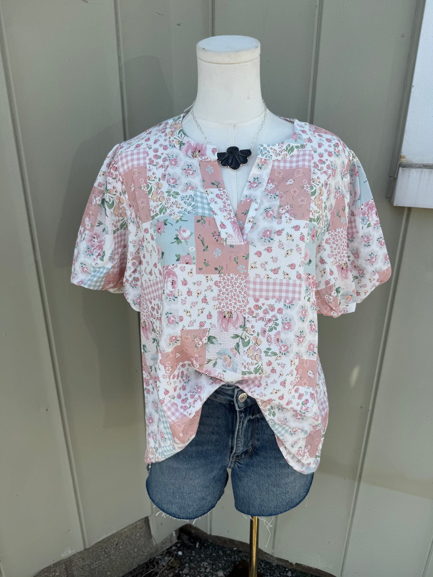 Blush Patchwork Puff Sleeve