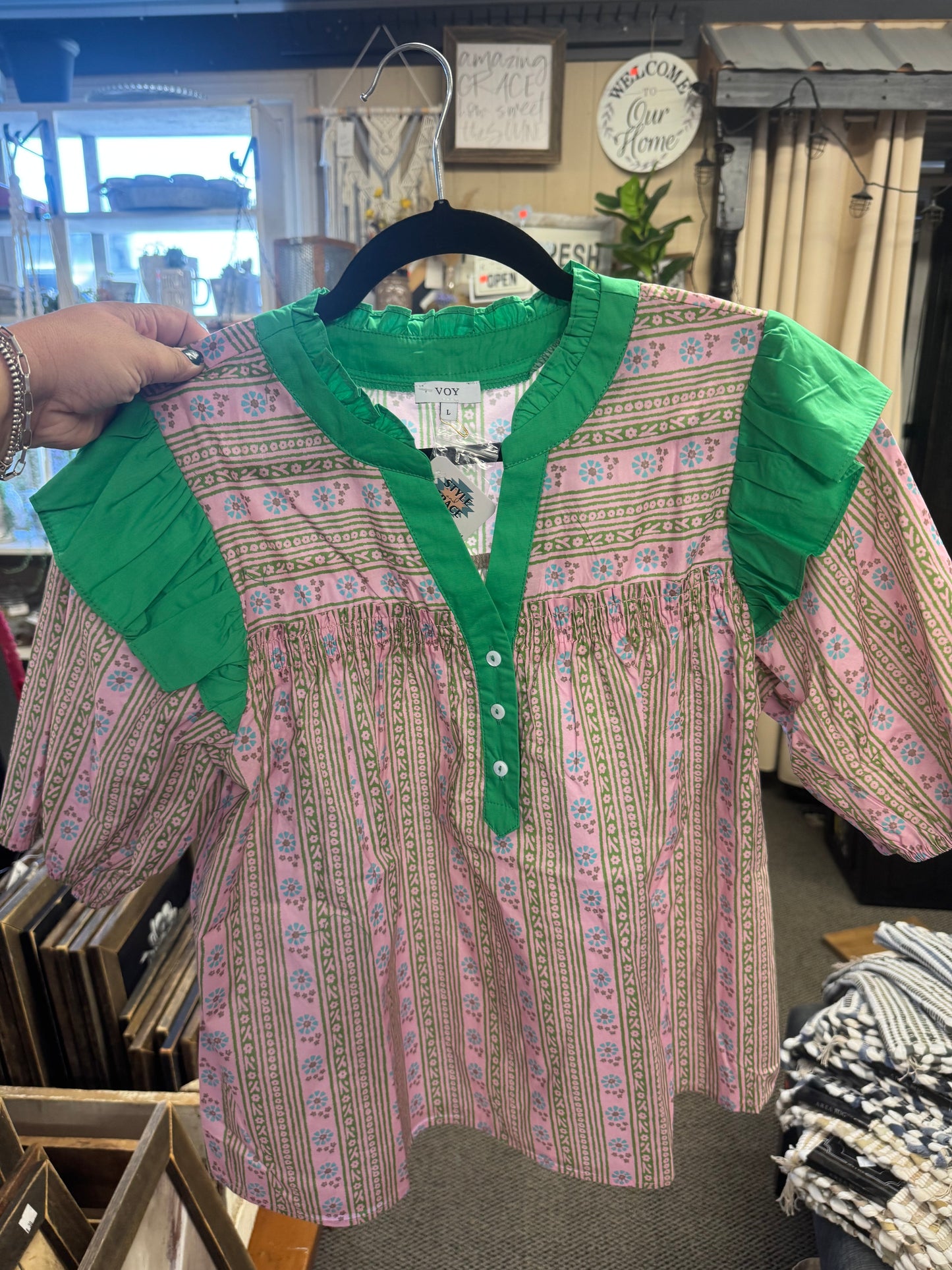 Green & Pink Print Top