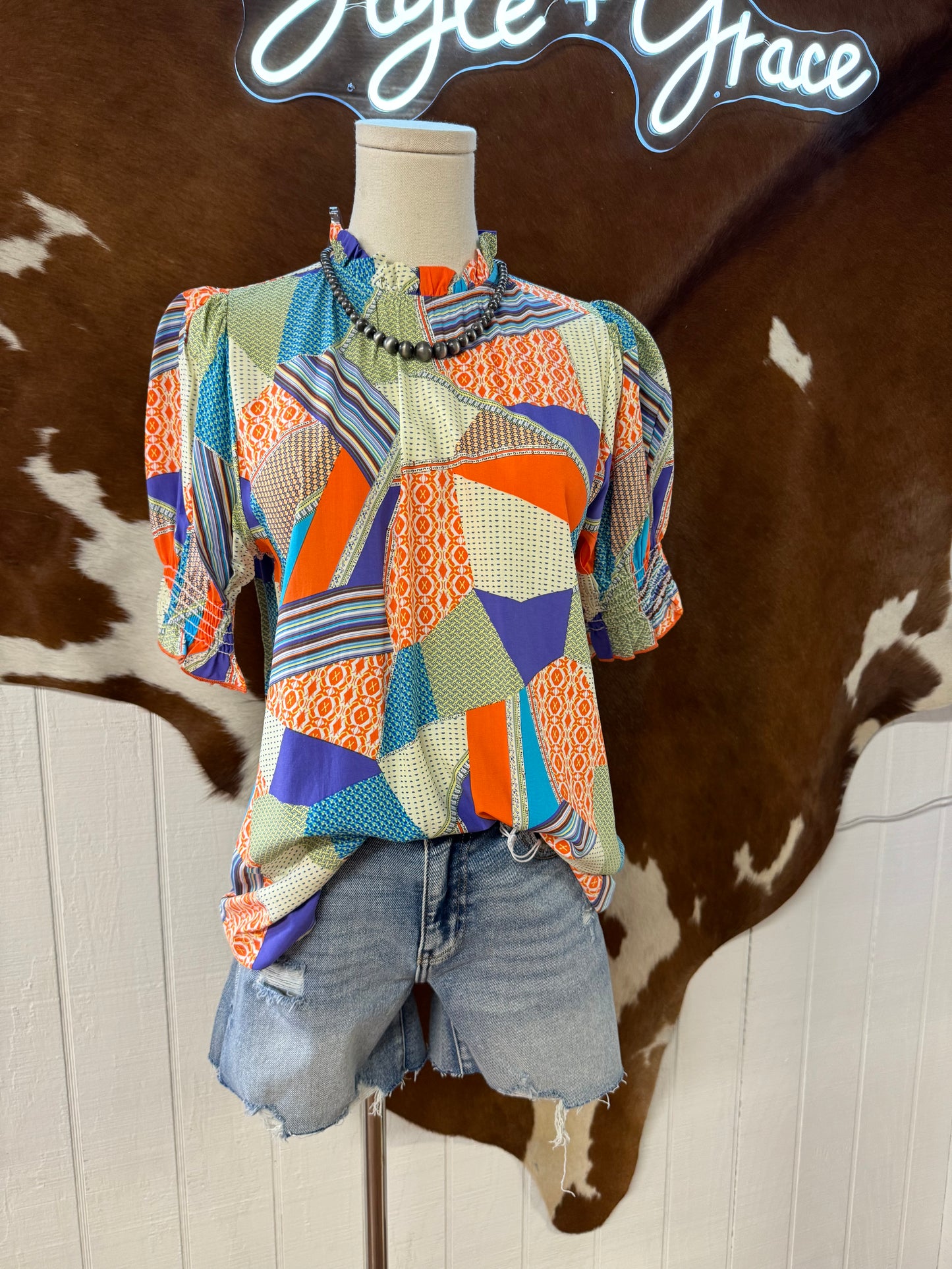 Green Patchwork Puff Sleeve