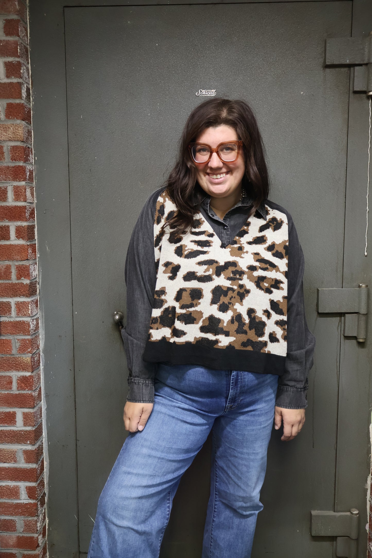 Leopard Mixed Material Top