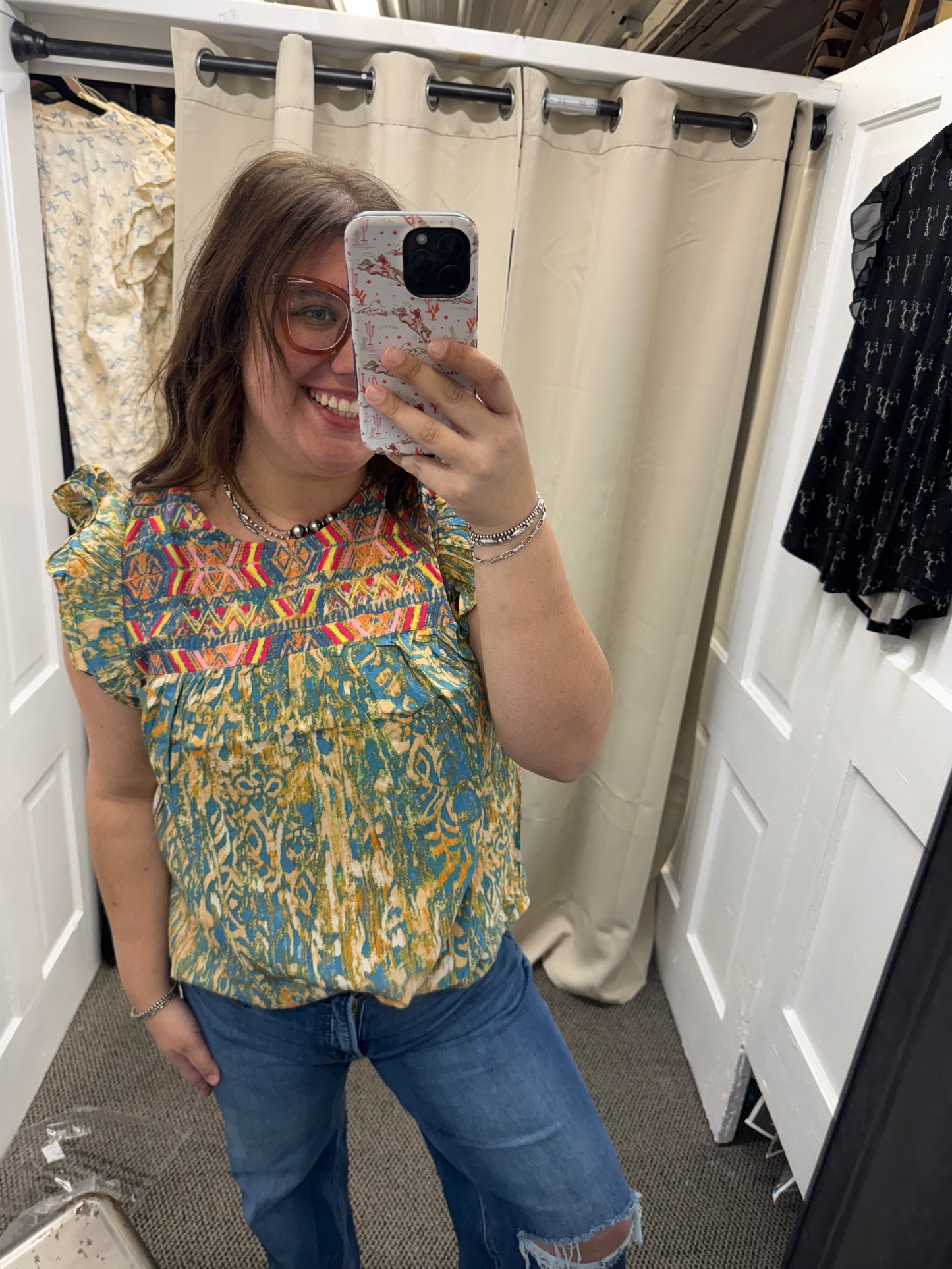 Yellow & Blue Embroidered Flutter Sleeve