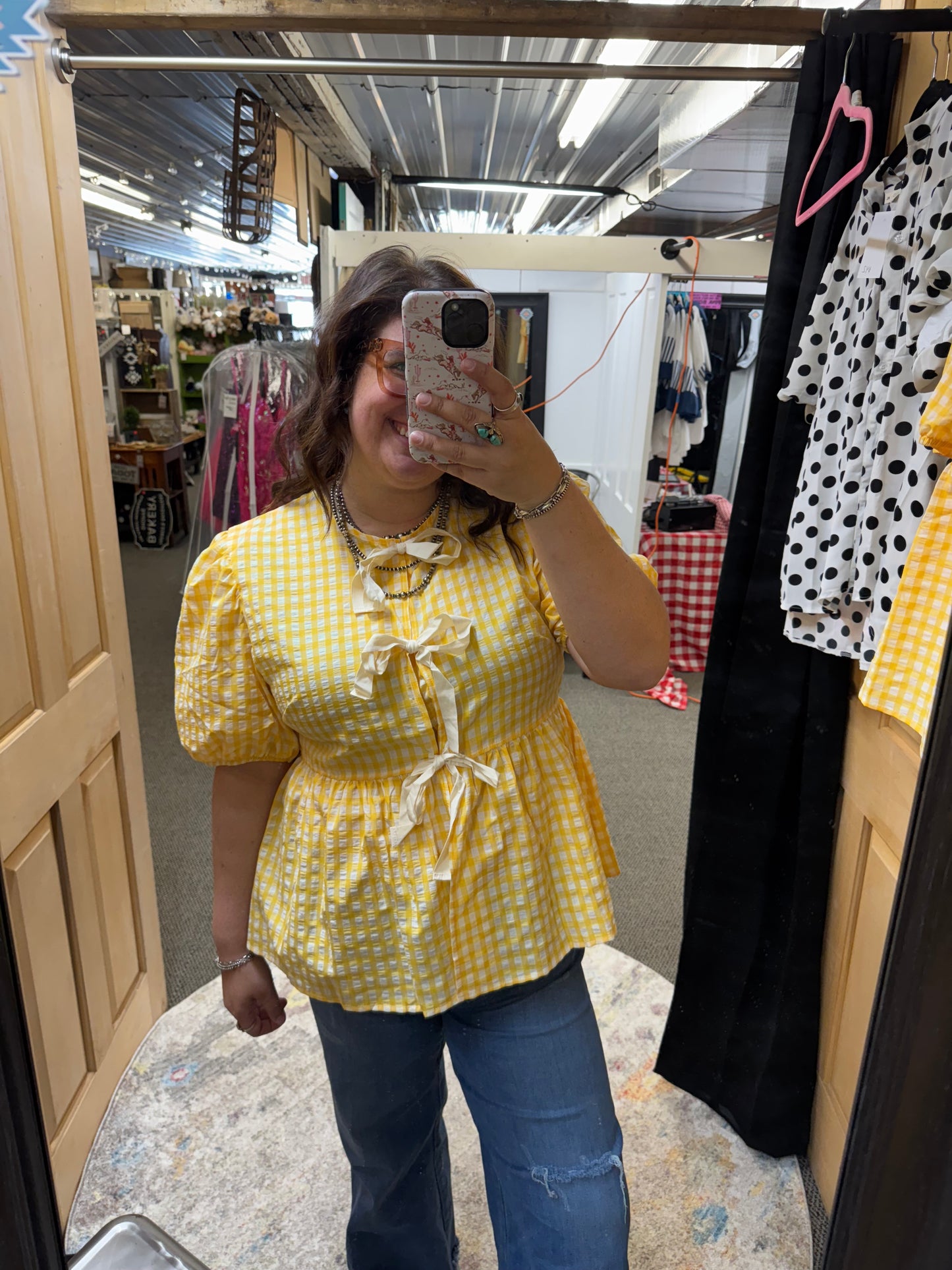 Yellow Gingham Tie Front Top