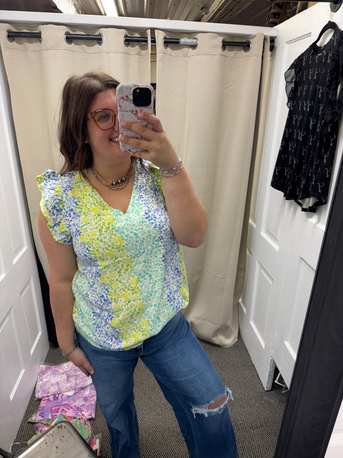 Green Floral Ruffle Sleeve