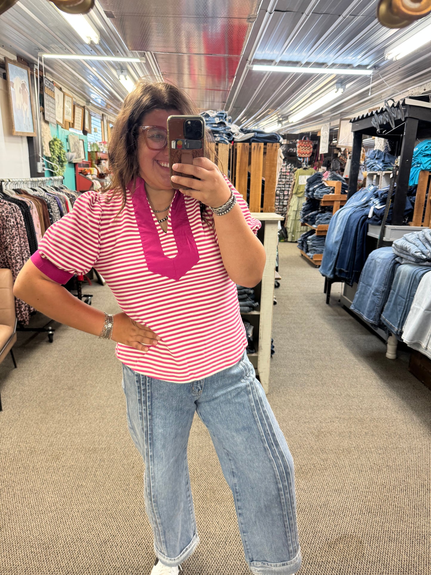 Magenta Striped Puff Sleeve