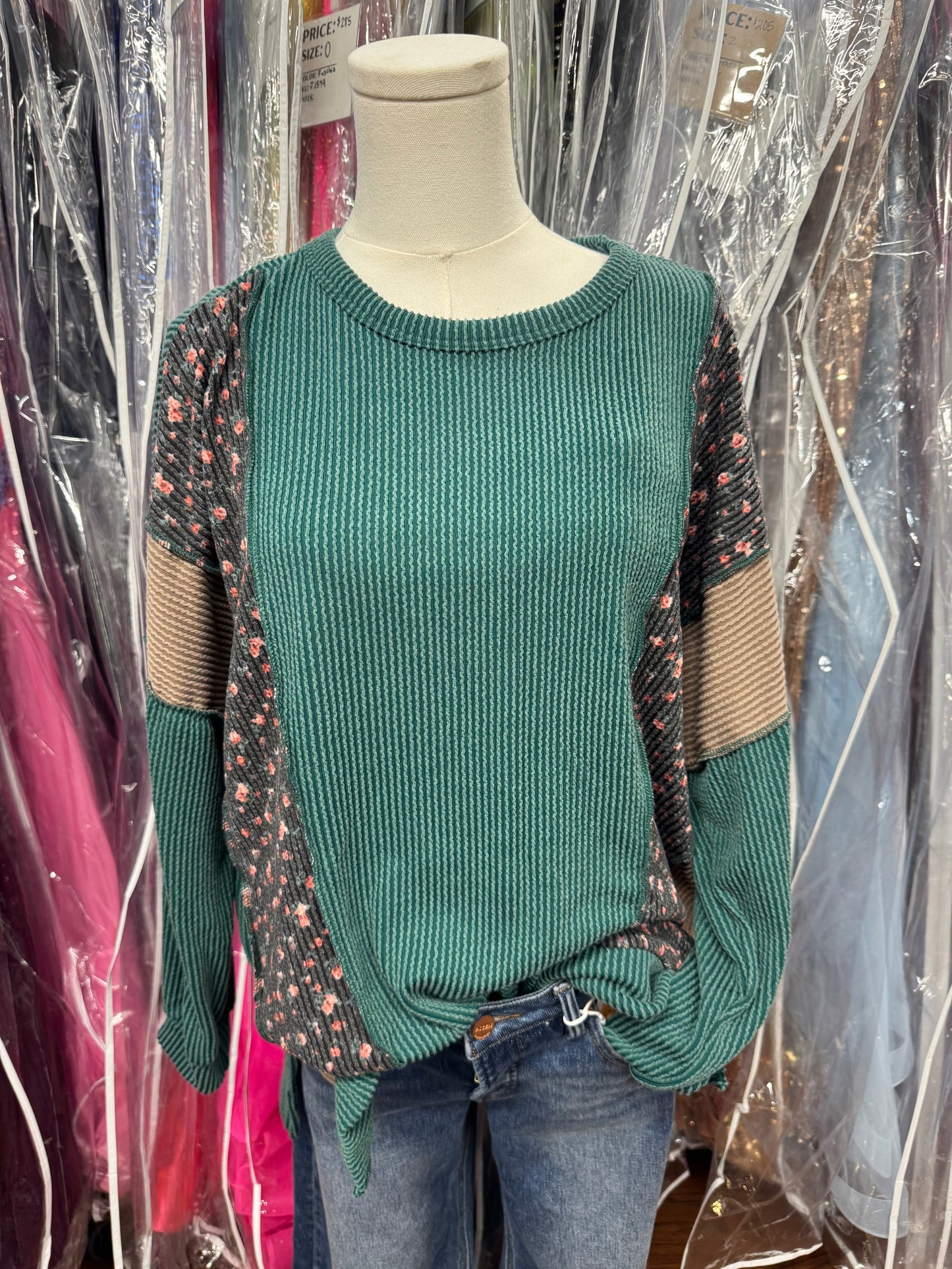 Green & Floral Ribbed Top