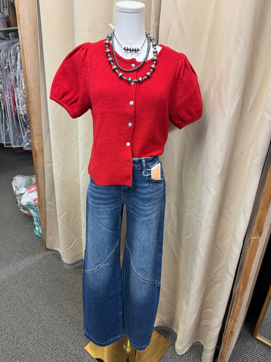 Red Puff Sleeve Sweater Top
