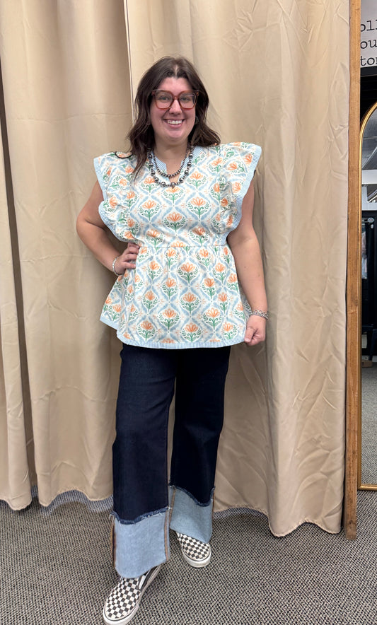 Blue and Orange Floral Top