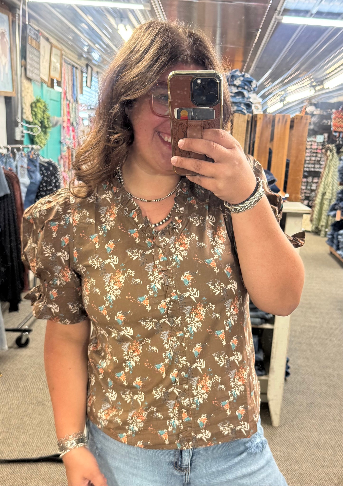 Brown Floral Ruffle Top