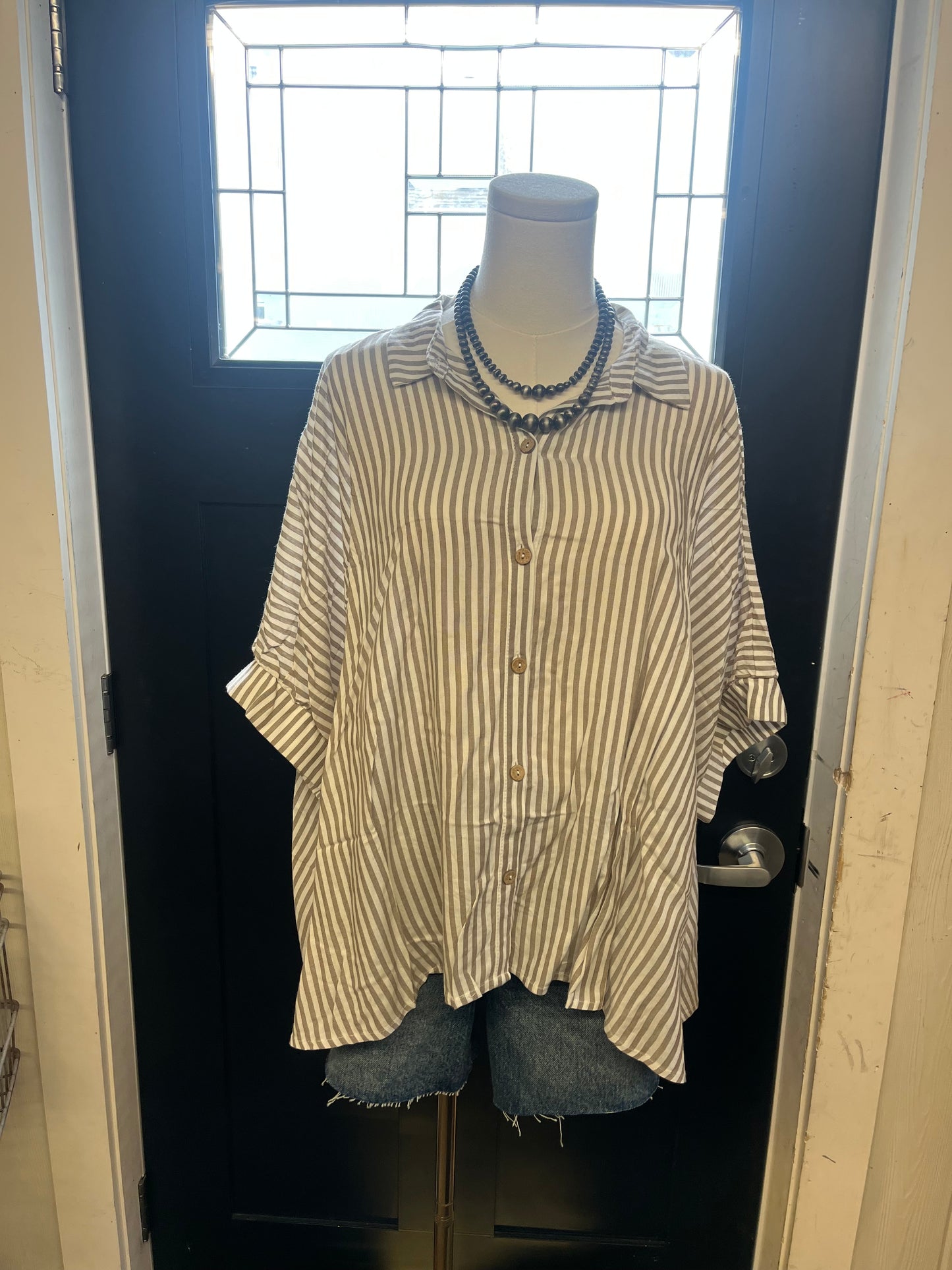 Taupe Striped SS Button Up