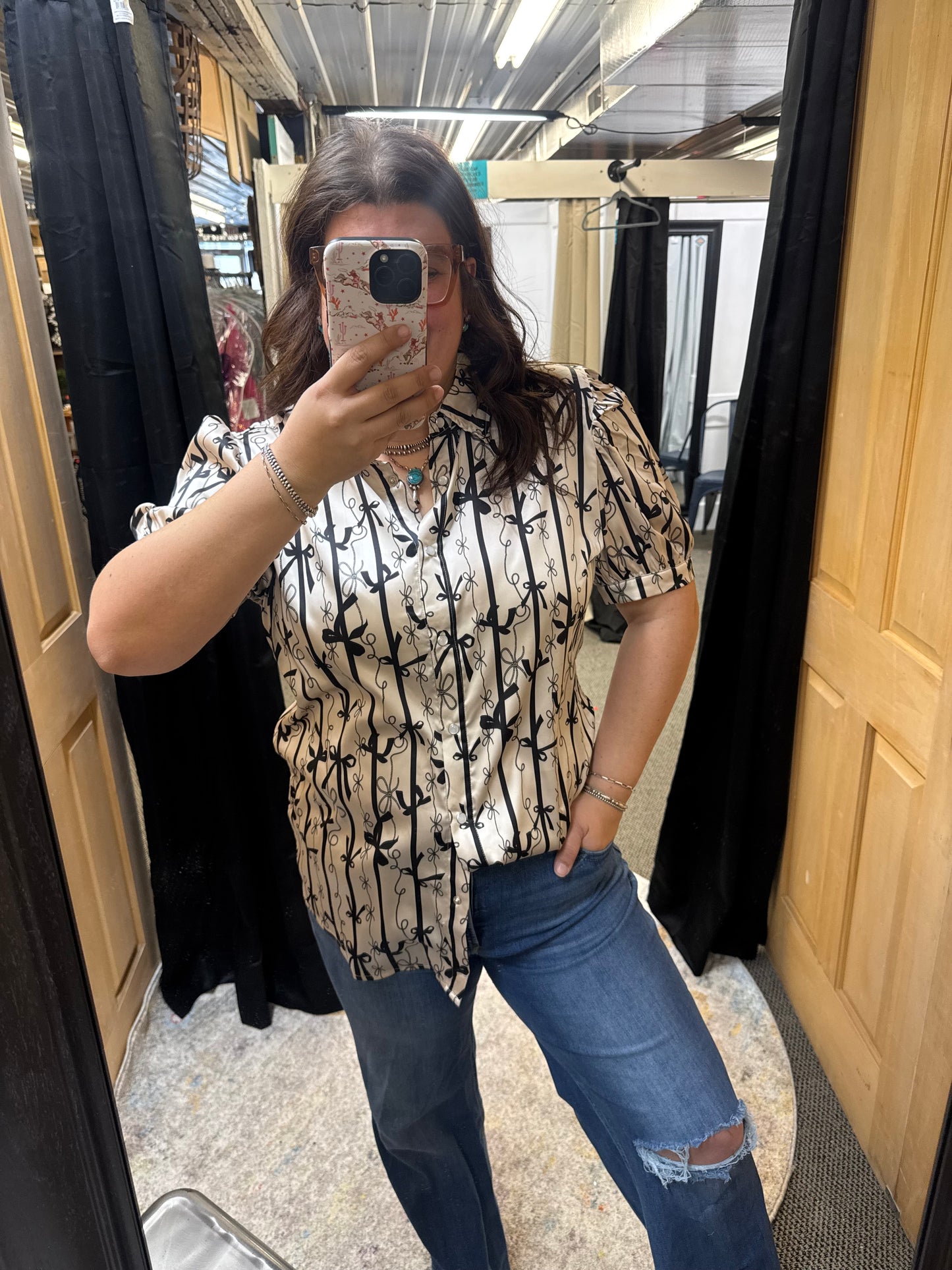 Cream Loop & Bow Pattern Puff Sleeve