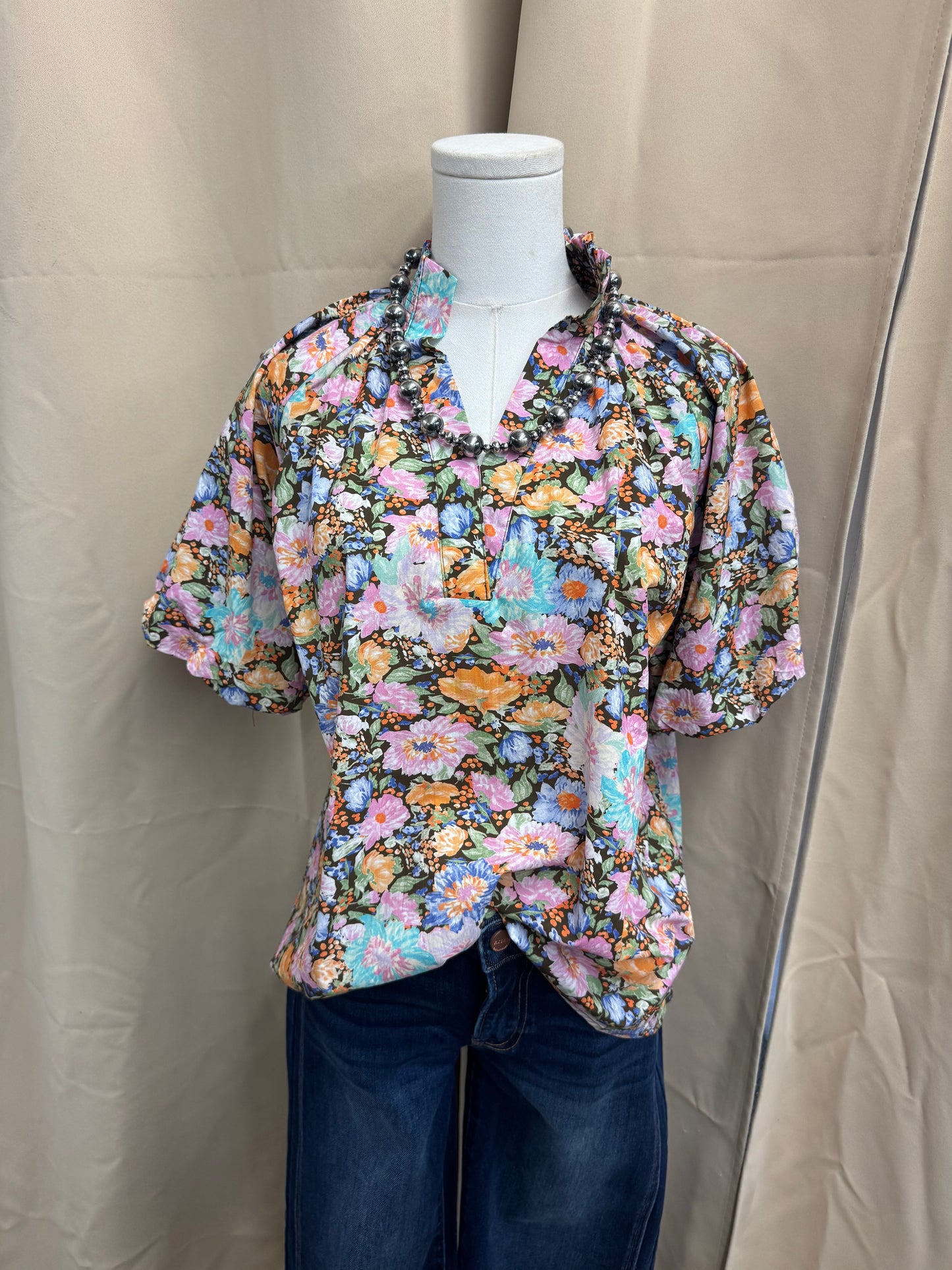 Brown floral puff sleeve