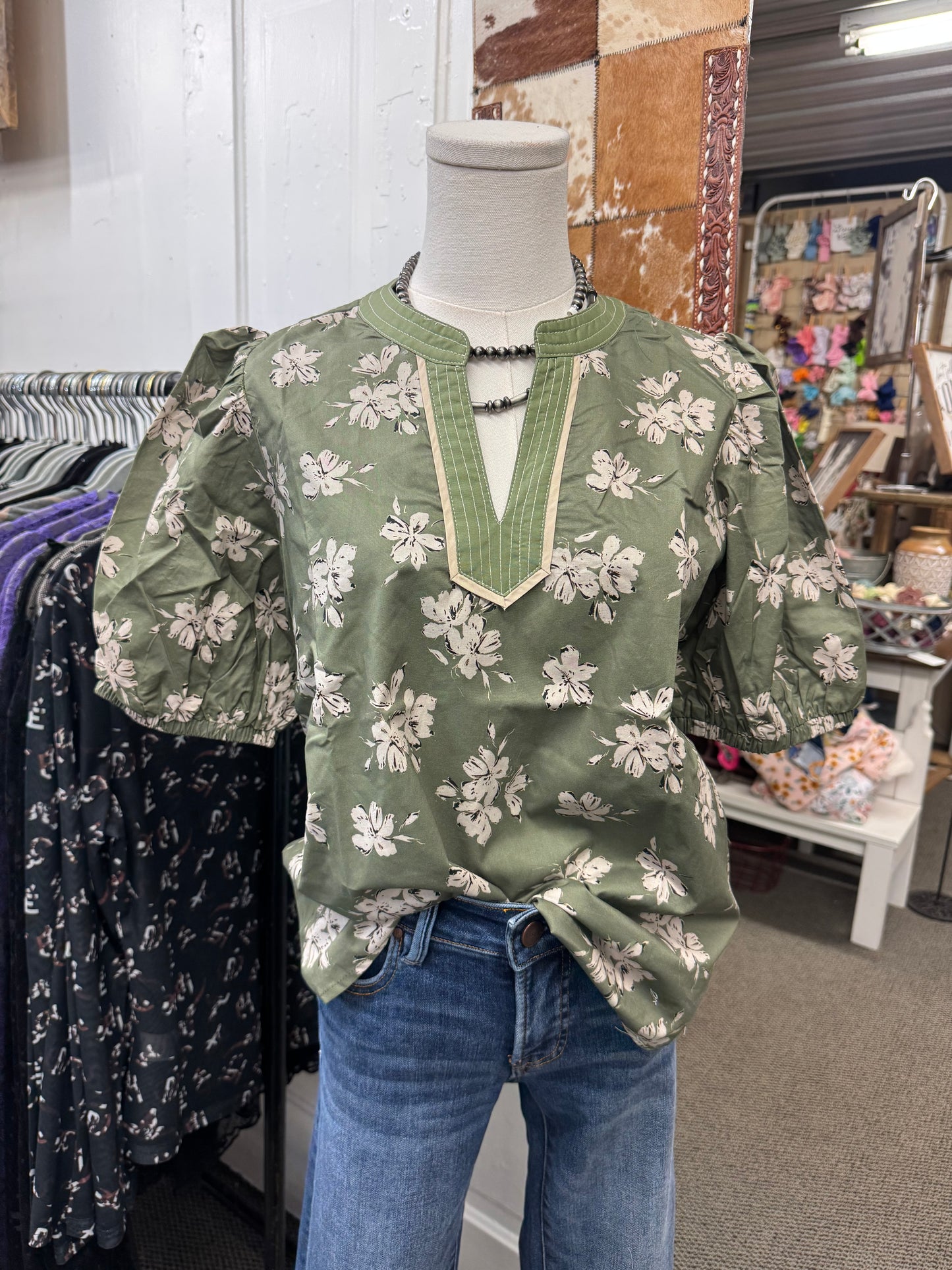 Olive Floral Print Top