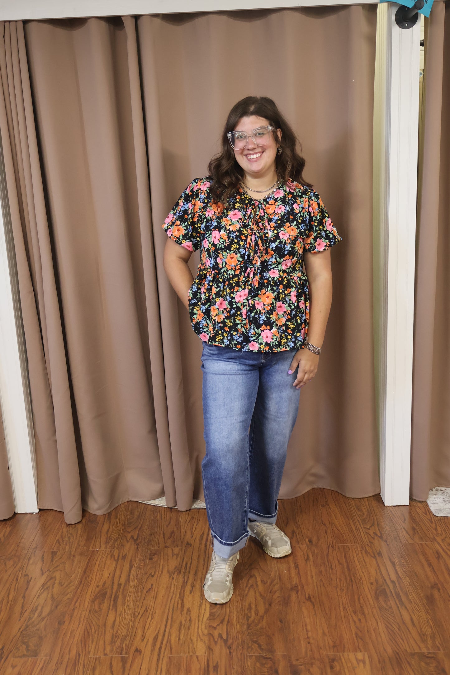 Black Floral Tie Front Top