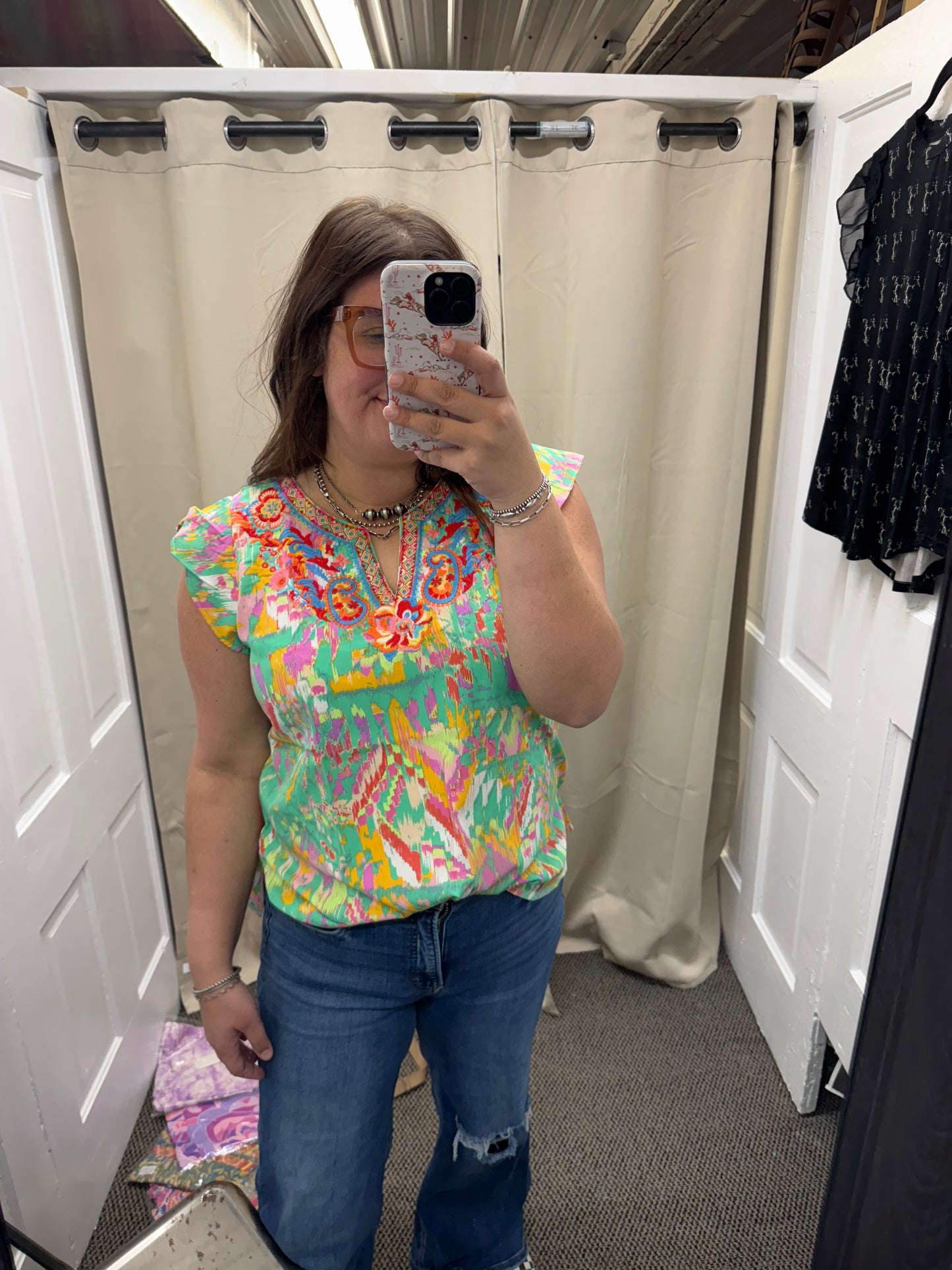 Green Embroidered Flutter Sleeve