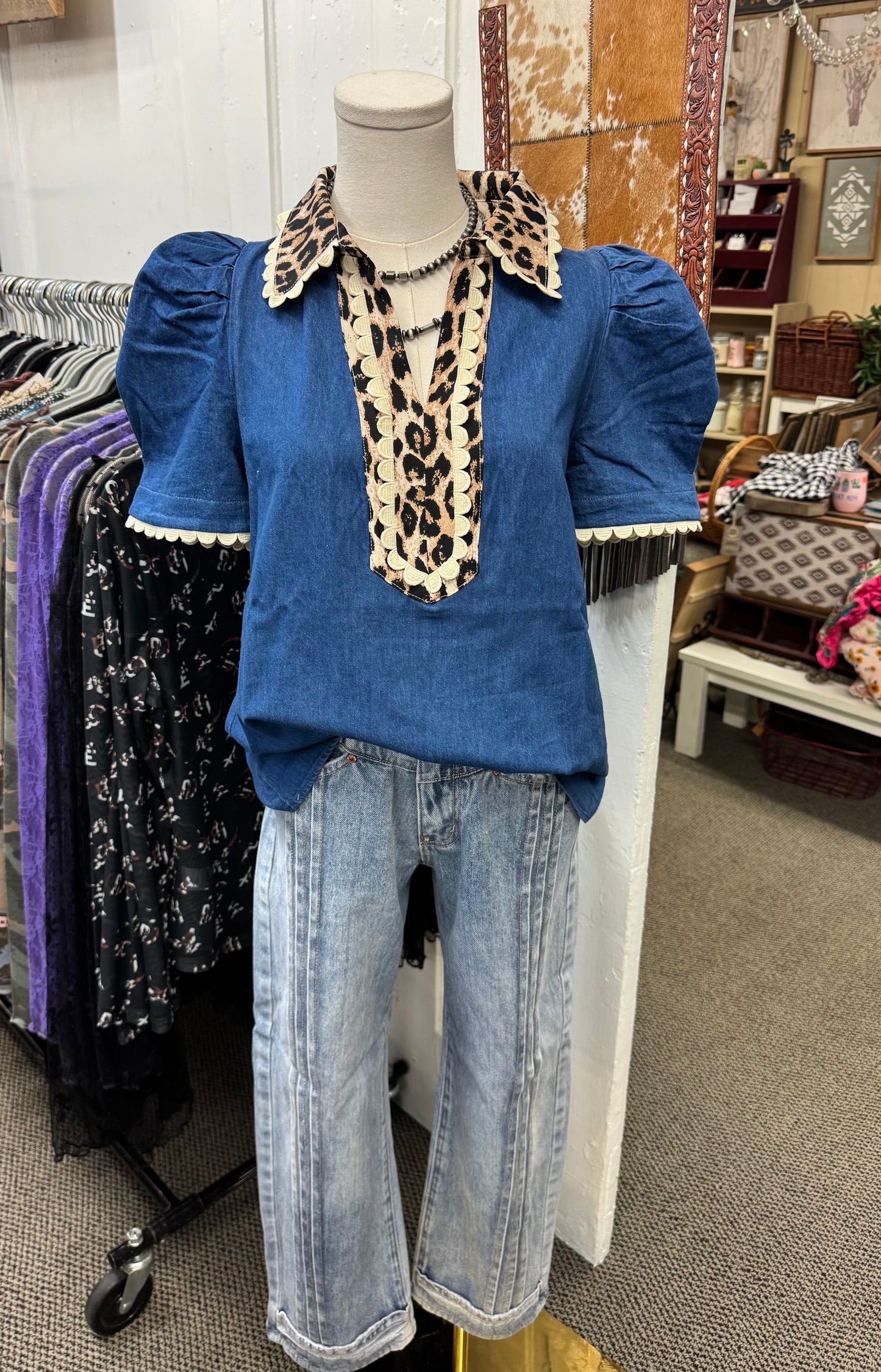 Denim + Cheetah Puff Sleeve