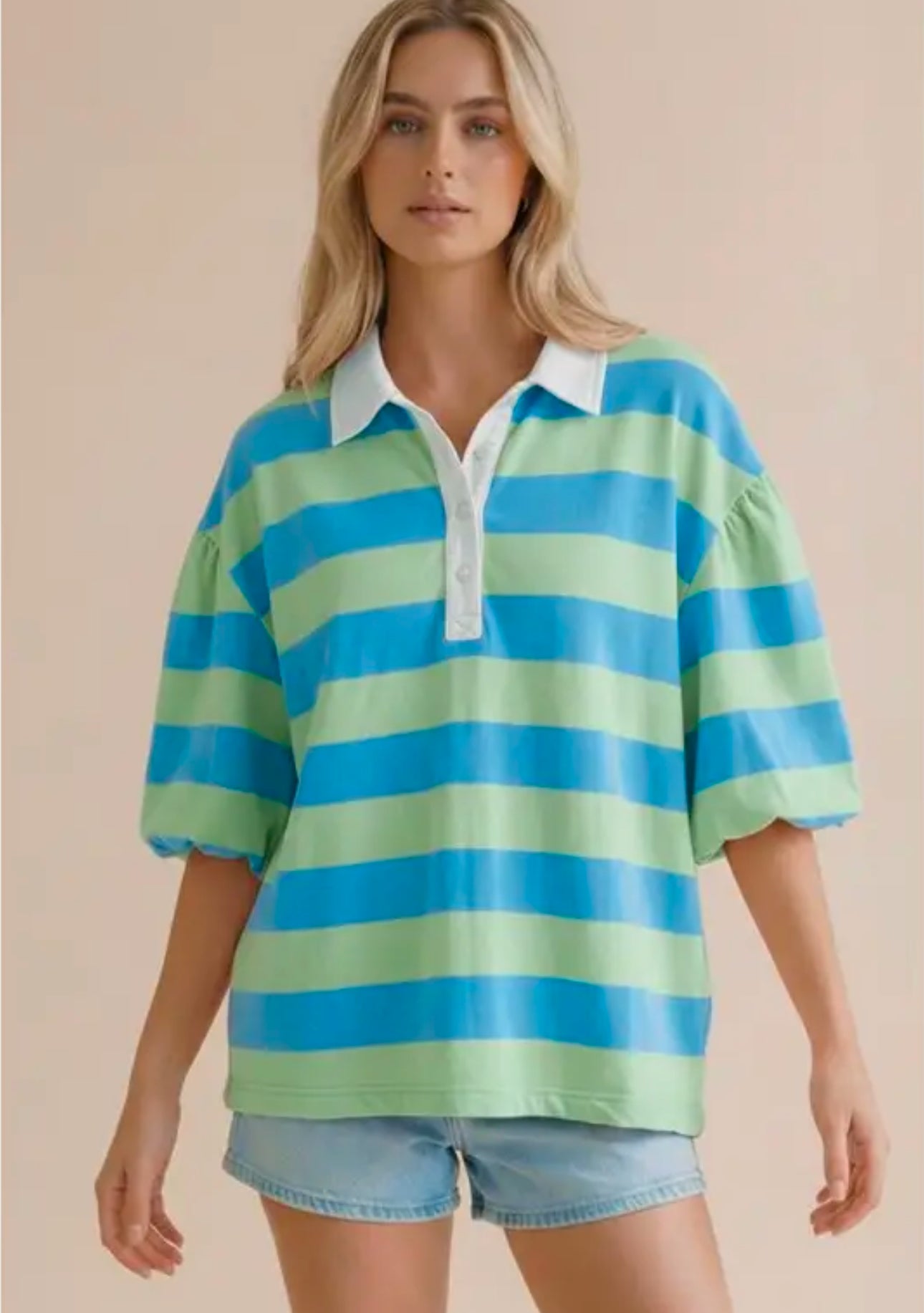 Blue & Green Bubble Sleeve Top