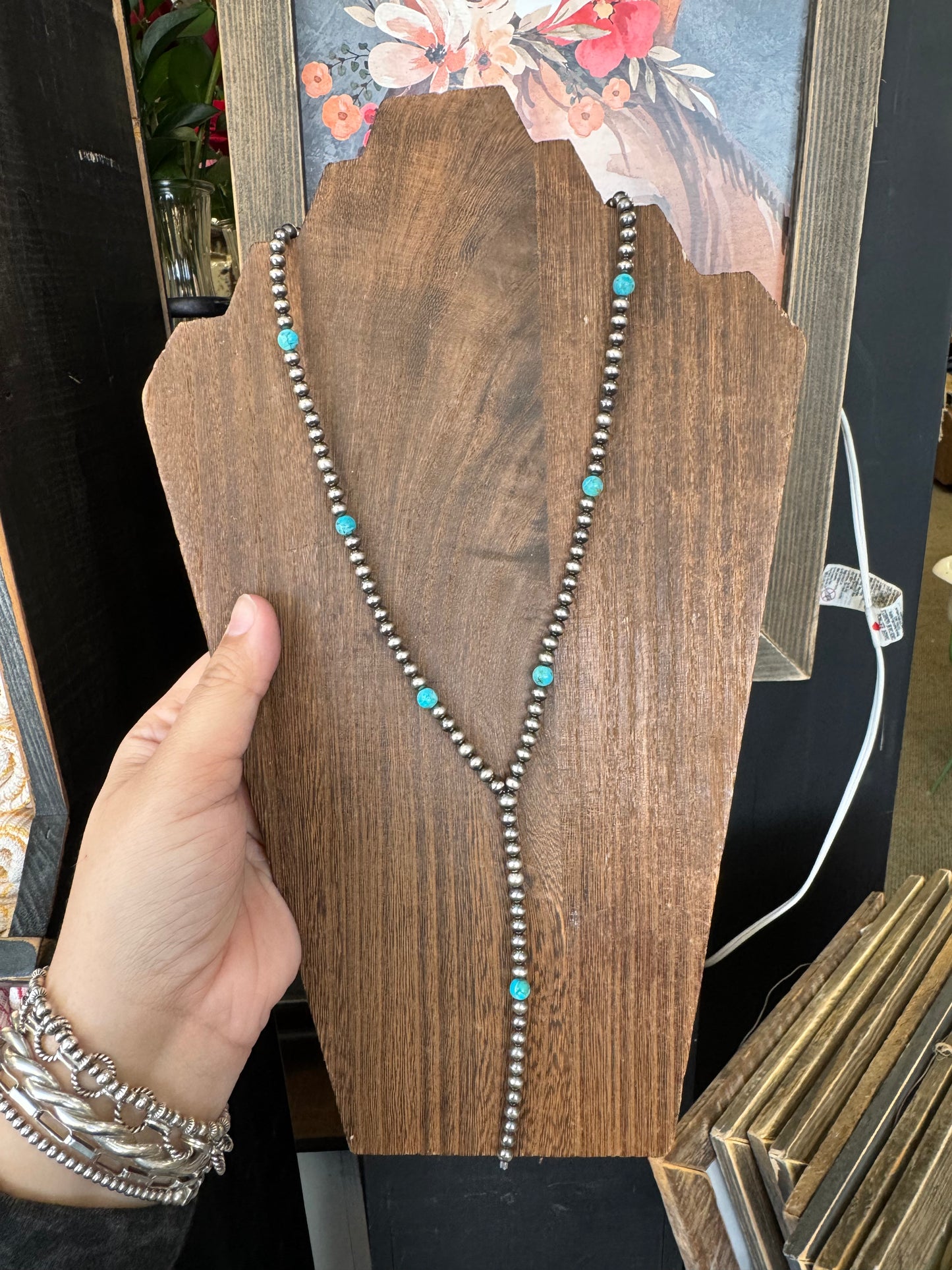 Turquoise and 5 mm pearl lariat