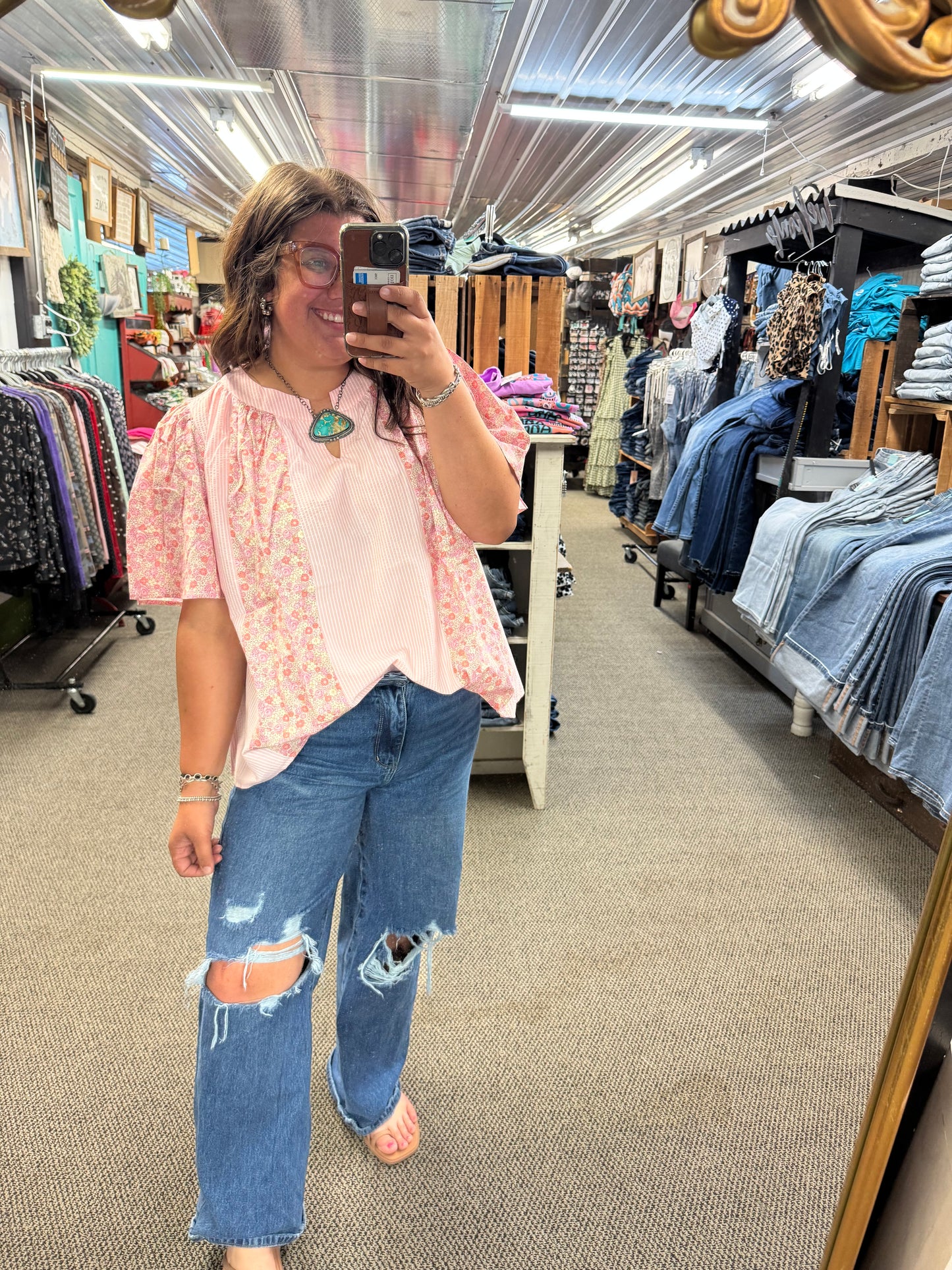 Pink Floral Colorblock Top