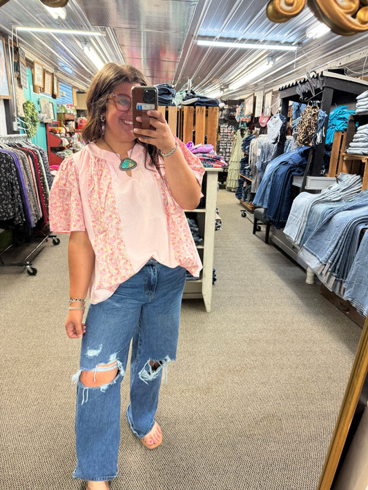 Pink Floral Colorblock Top