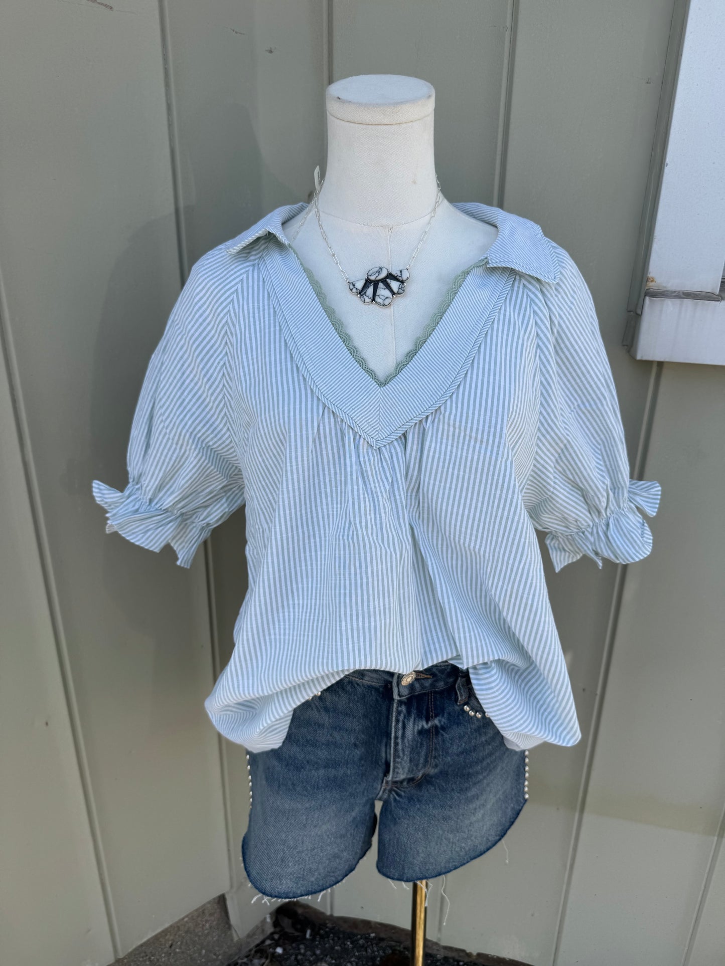 Sage Striped collared top