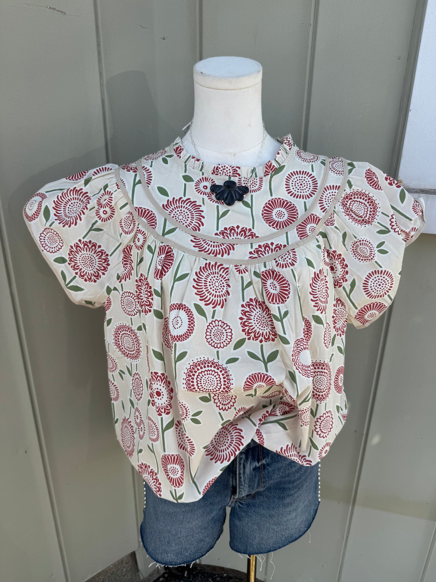 Tan and red floral top