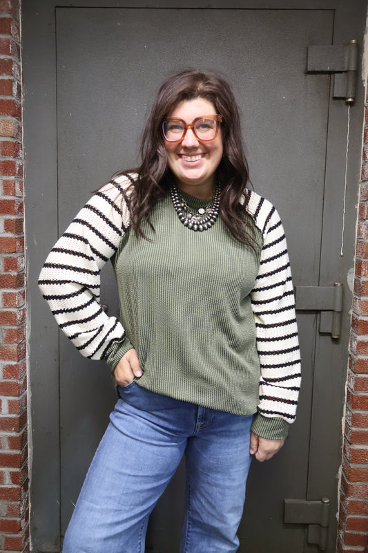 Olive Striped Sleeve Top