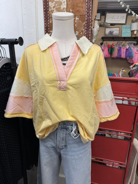 Yellow and Pink Colorblock Collared Top-Medium