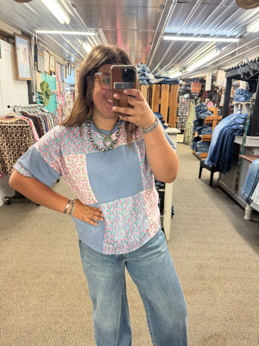 Blue Rose Floral Colorblock