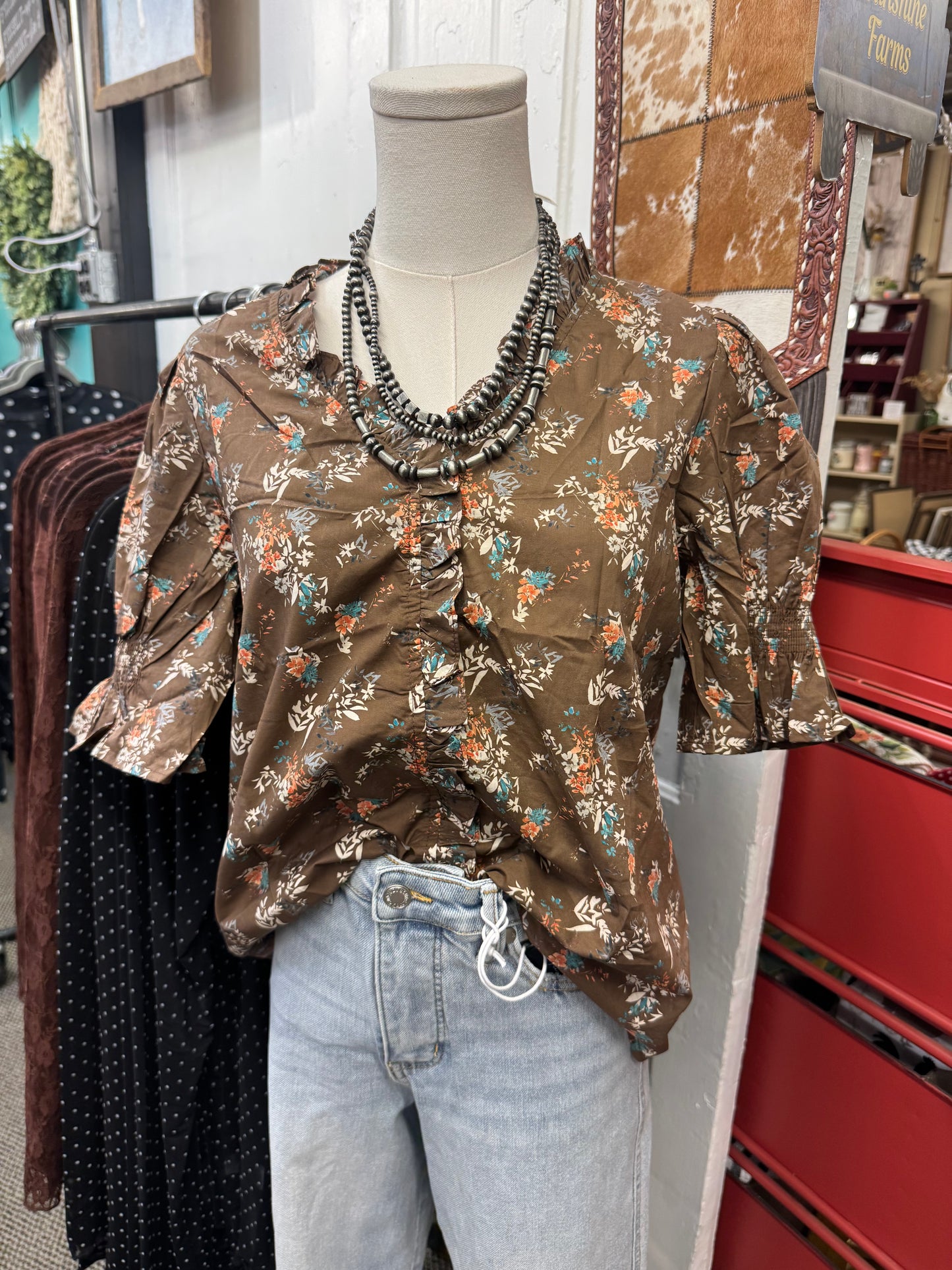 Brown Floral Ruffle Top