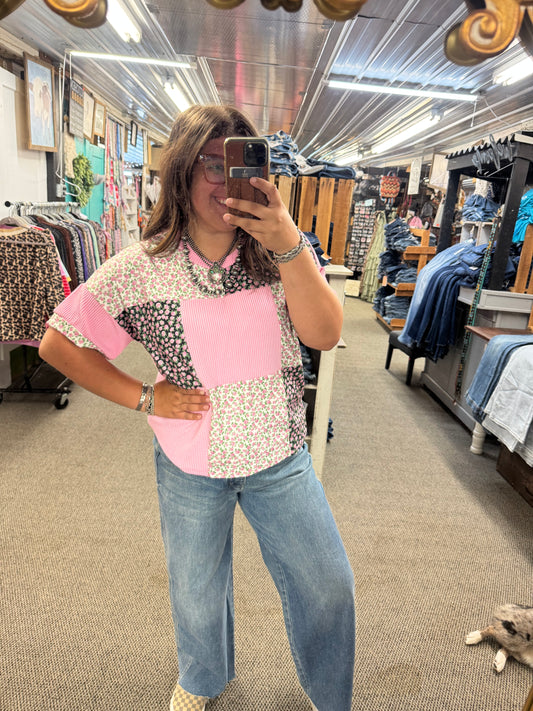 Pink Rose Floral Colorblock