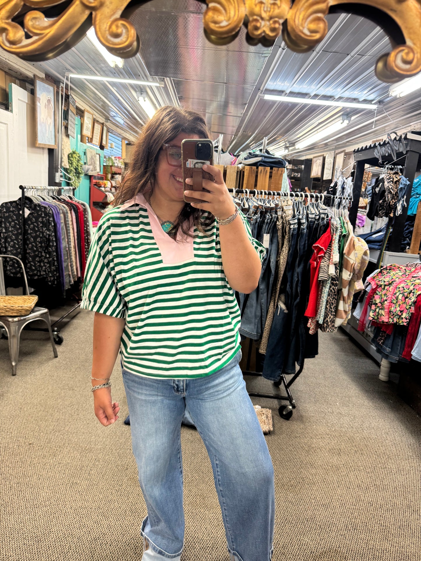 Green and Pink Striped Top