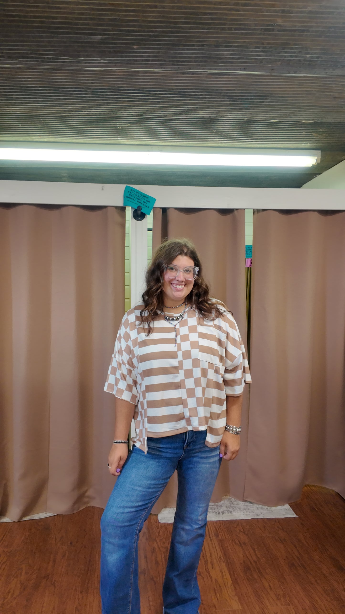 Brown checkered and striped split top
