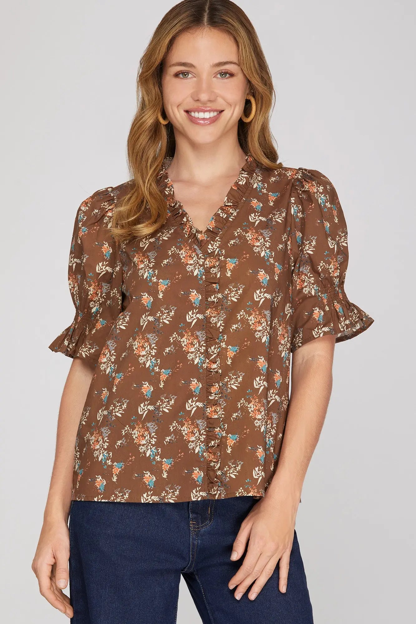 Brown Floral Ruffle Top