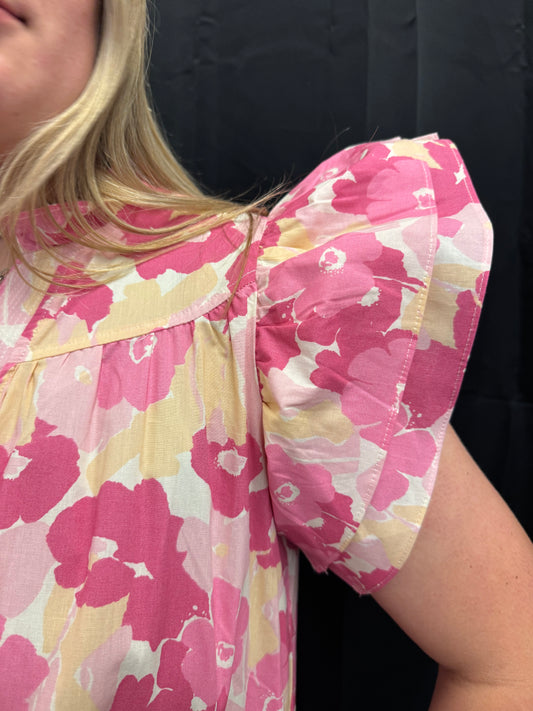 Pink Floral Flutter Sleeve Top