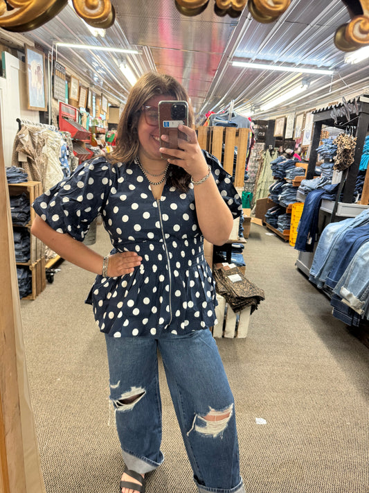 Navy Polka Dot Smocked Top