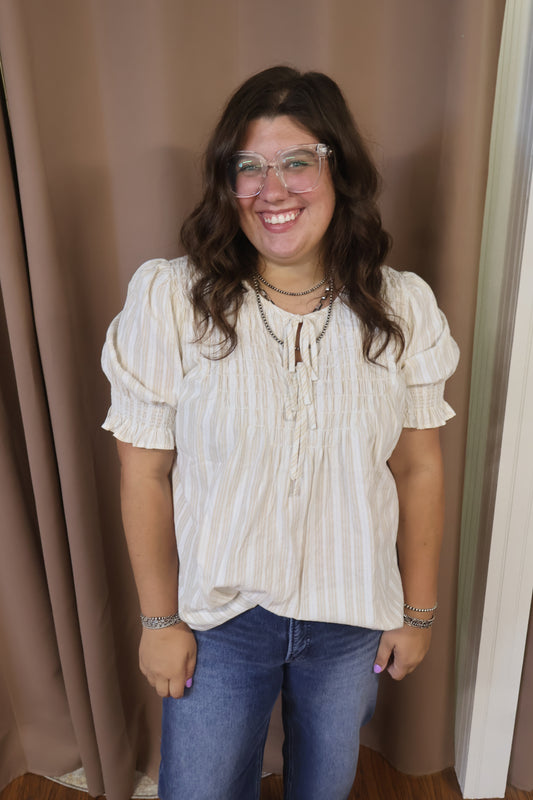 Cream Striped Tie Front Top