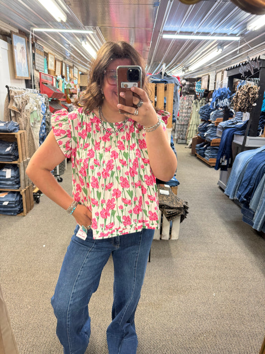 Pink Floral Pleated Top