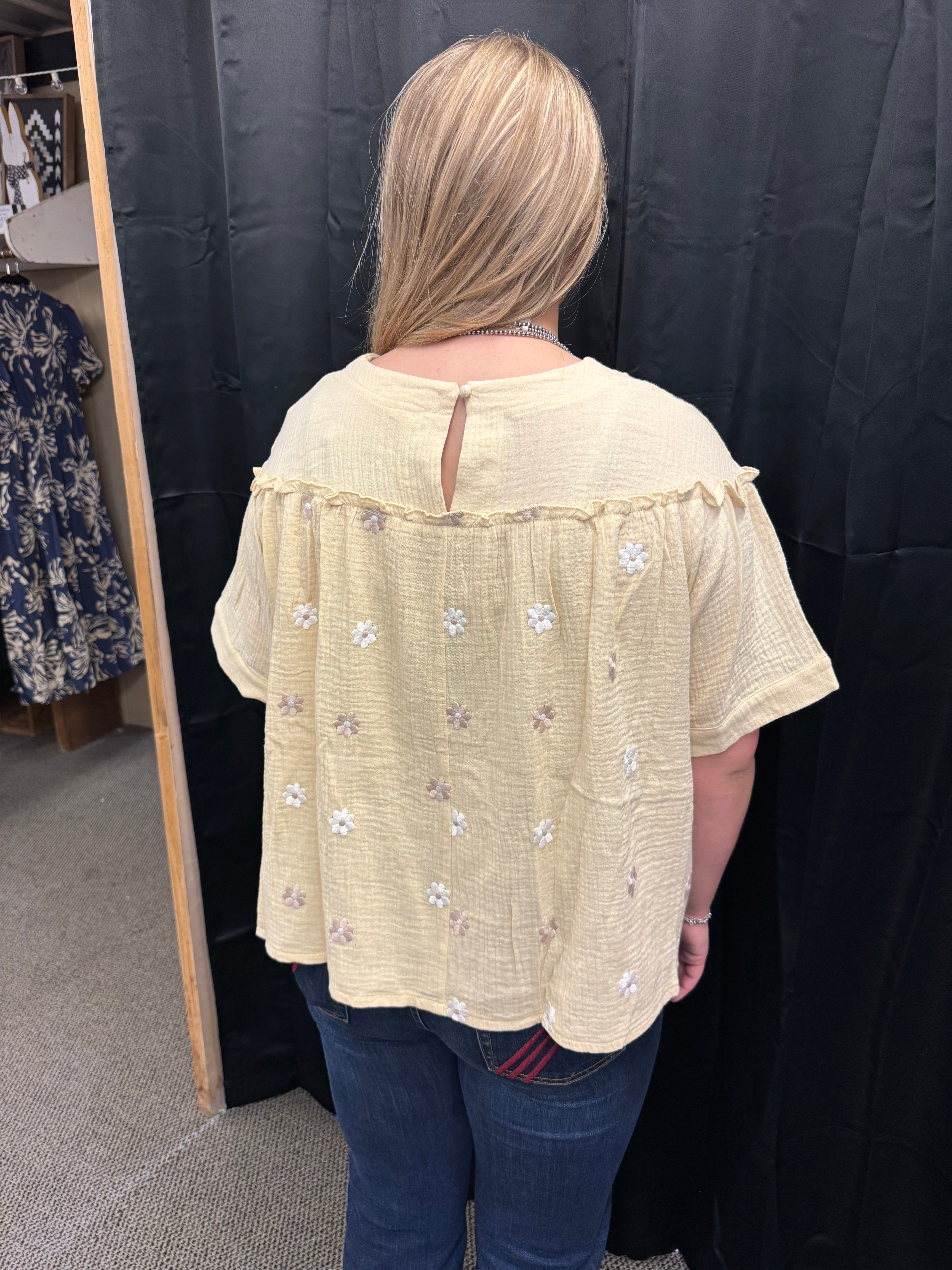 Daisy Embroidered Cream Gauze Babydoll Top