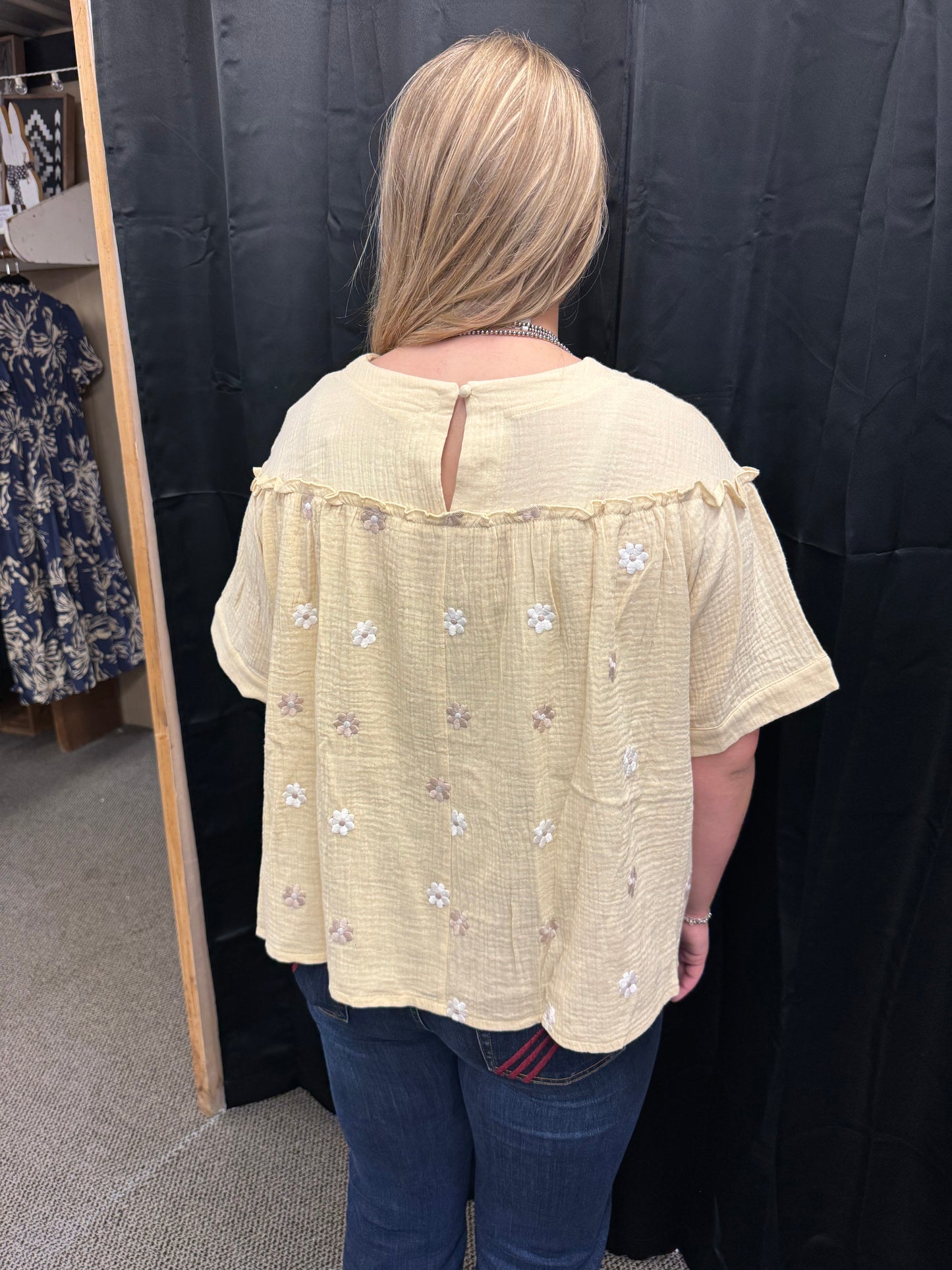 Daisy Embroidered Cream Gauze Babydoll Top