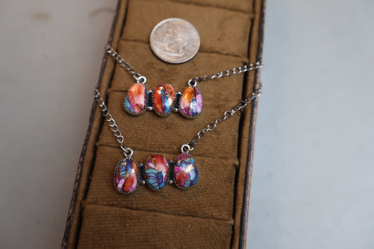 Orange Dahila Three Stone Necklace