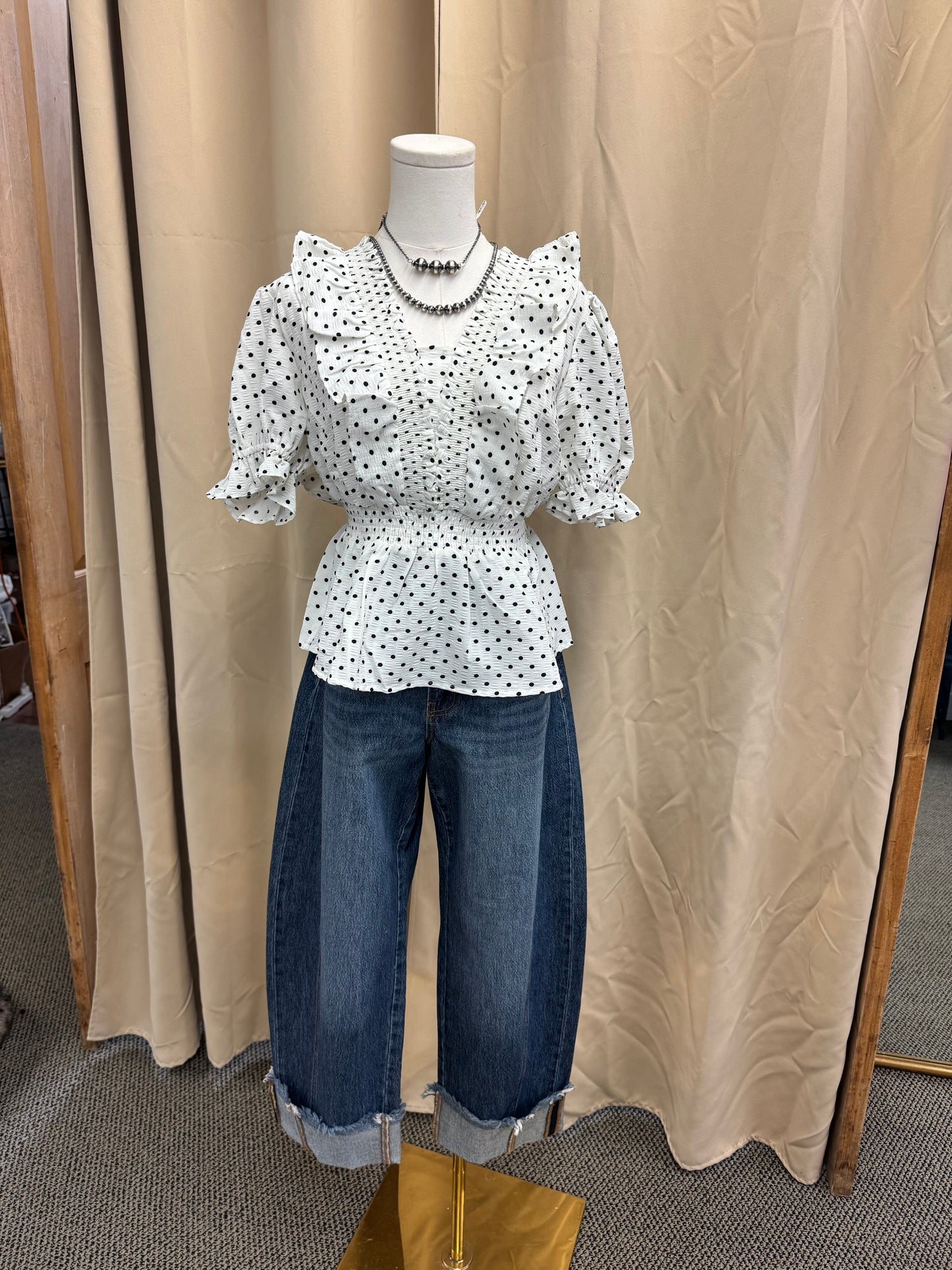 White Dot Ruffle Top