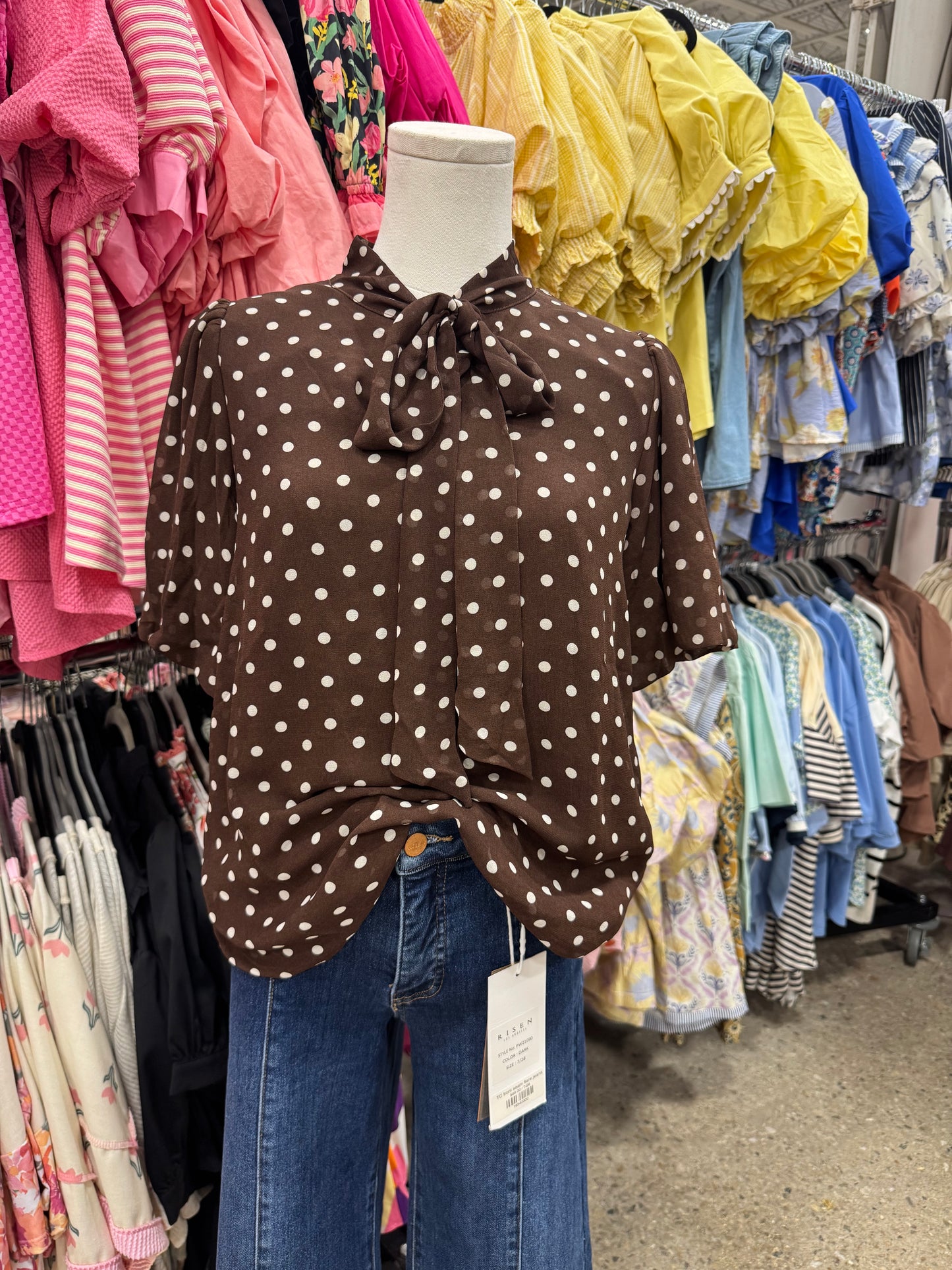 Brown Tie Polka Dot Top