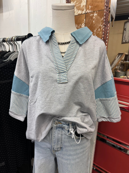 Blue Colorblock Collared Top