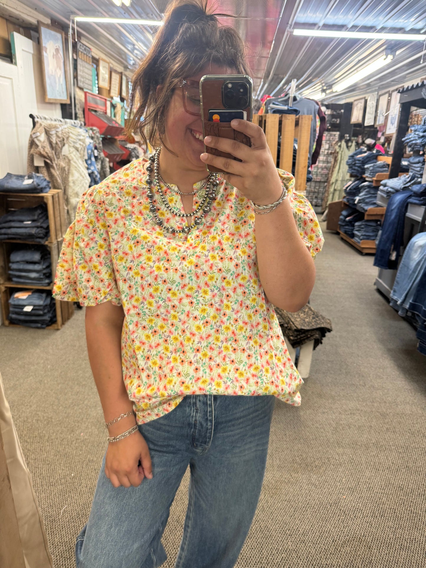 Yellow & Coral Floral Puff Sleeve Top